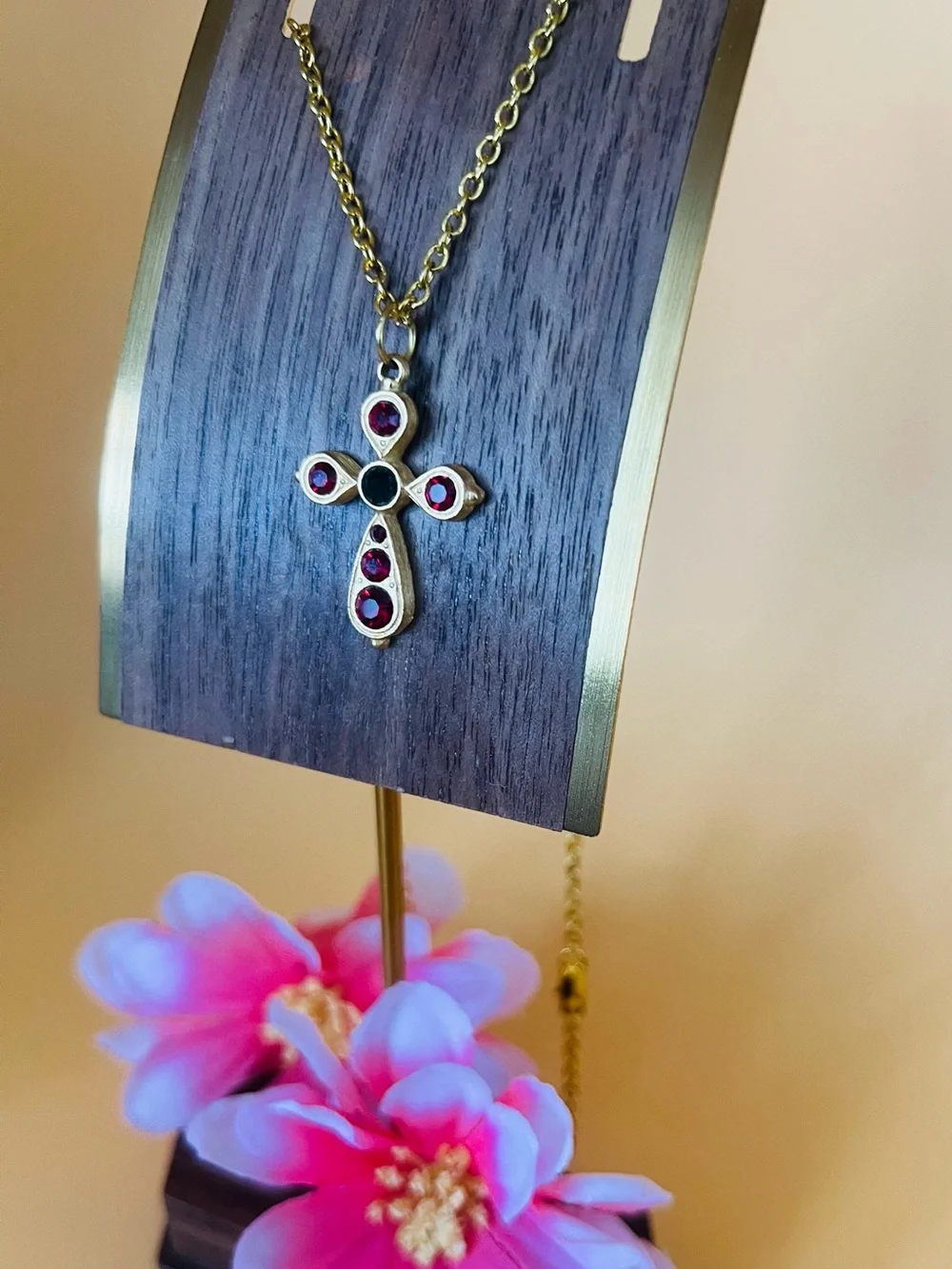 Gold Cross Pendant Necklace with Red Gemstones